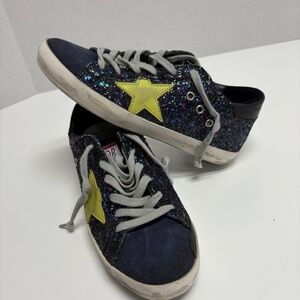Golden Goose Navy and Yellow Star Athletic Shoes